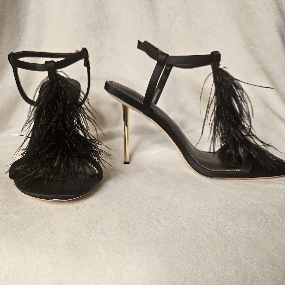 SOLD Marciano Black and Gold Feathered Heels
